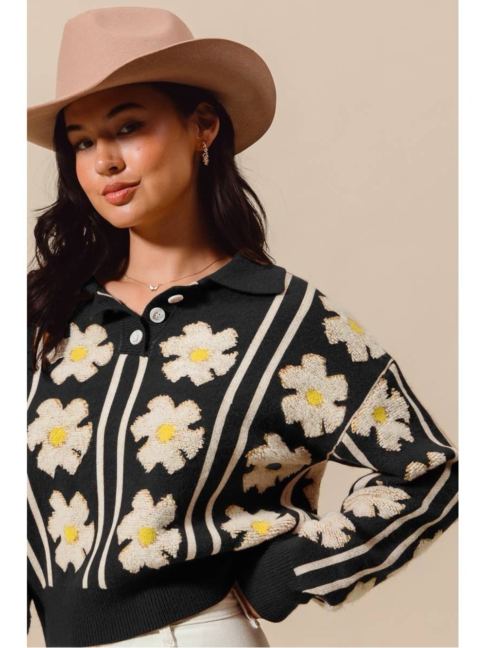 Daisy Polo Sweater - Black/Ivory - Picture 2 of 3